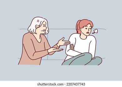 Mature Mother Scold Unhappy Grownup Daughter At Home. Elderly Mom Lecture Stressed Annoyed Adult Girl Child. Generation Gap. Vector Illustration. 