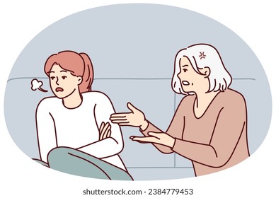 Mature mother scold unhappy grownup daughter at home. Elderly mom lecture stressed annoyed adult girl child. Generation gap. Vector illustration.