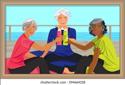 mature multiracial women sitting on yoga mats on a pier with ocean background, vector illustration