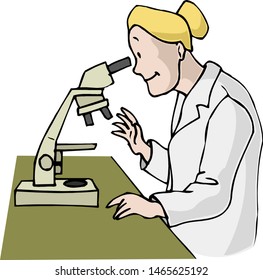 Mature nurse looking through a microscope. The doctor is studying the analysis.