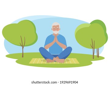 Mature Older Man Meditating And Exercising Yoga Lotus Position In Nature. 