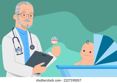 Mature pediatrician and cute baby in stroller. Vector illustration