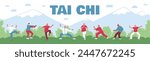Mature people doing Tai Chi exercises on mountains landscape. Chinese gymnastic, qigong practice. Elderly women and men exercising for healthy body, flexibility and wellness. Vector banner