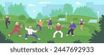 Mature people doing Tai Chi exercises on nature park landscape. Chinese gymnastic, qigong practice. Elderly women and men exercising for healthy body, flexibility and wellness. Vector illustration