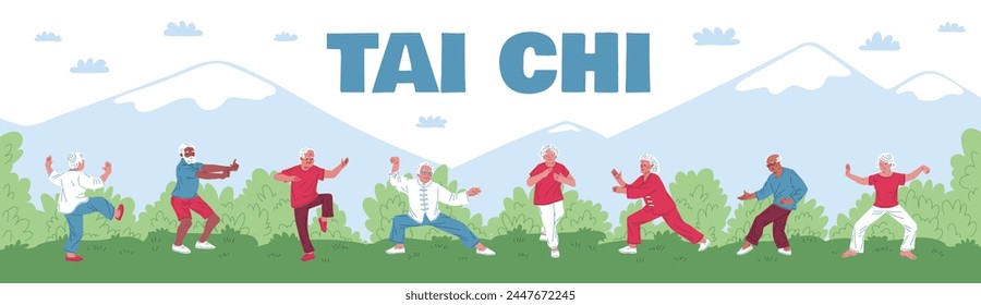 Mature people doing Tai Chi exercises on mountains landscape. Chinese gymnastic, qigong practice. Elderly women and men exercising for healthy body, flexibility and wellness. Vector banner