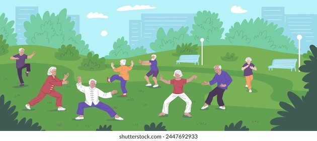 Mature people doing Tai Chi exercises on nature park landscape. Chinese gymnastic, qigong practice. Elderly women and men exercising for healthy body, flexibility and wellness. Vector illustration