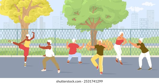 Pessoas maduras fazendo exercícios de tai chi em ilustração do vetor do parque