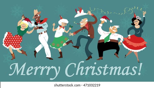 Mature people dressed in traditional Western clothes dancing at Christmas Square Dance party, EPS 8 vector illustration