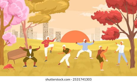 Mature people enjoying outdoor tai chi sport class in evening