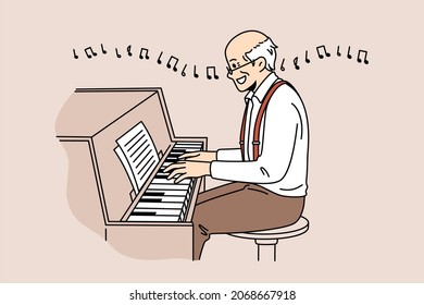 Mature people as musicians concept. Elderly smiling man pensioner cartoon character sitting reading notes playing piano enjoying music vector illustration 
