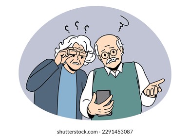 Mature people and technologies concept. Frustrated elderly couple looking at smartphone using internet having problems with gadget vector illustration