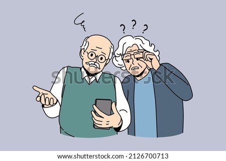 Mature people and technologies concept. Frustrated elderly couple looking at smartphone using internet having problems with gadget vector illustration 