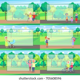 Mature people together grandparents sit on bench, walk with newborn boy, play with kids and ride bike, green trees set of vector with frame for text.