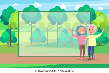 Mature people together wave hands and walk with kids on background of green trees in park set of vector with frame for text in cartoon style