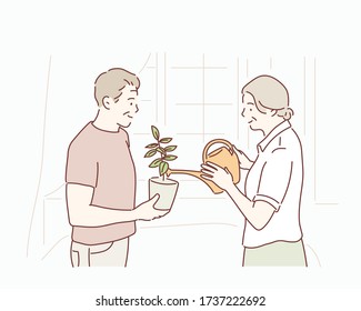 Mature plants lovers. Senior pair spend free time together. Hand drawn style vector design illustrations.