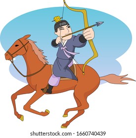 A mature prince On horseback Shooting a bow.