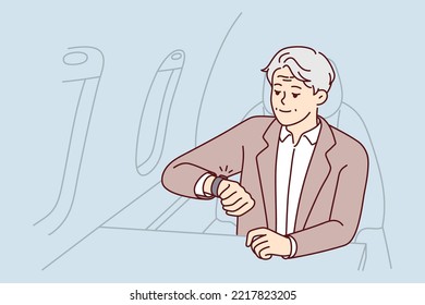 Mature rich man sit in airplane looking at wristwatch being in rush. Elderly male in business class of plane worried about miss deadline. Vector illustration. 