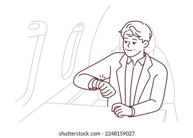 Mature rich man sit in airplane looking at wristwatch being in rush. Elderly male in business class of plane worried about miss deadline. Vector illustration. 