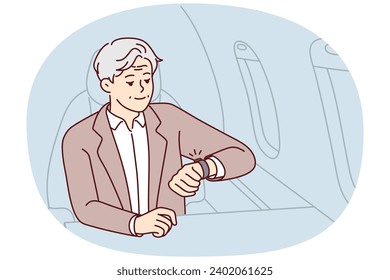 Mature rich man sit in airplane looking at wristwatch being in rush. Elderly male in business class of plane worried about miss deadline. Vector illustration.