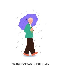 Mature senior businessman or office worker cartoon character walking on street with umbrella