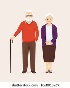 Mature Senior Couple In Casual Outfit Standing. Old Man And Woman, Grandparents Isolated Vector Illustration.