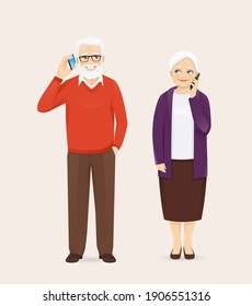 Mature senior couple in casual outfit talking on the phone. Old man and woman, grandparents isolated vector illustration