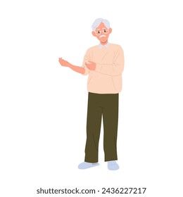 Mature senior man cartoon character with syringe making self-injection in hand vector illustration