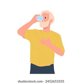 Mature senior man isolated cartoon character drinking water from glass for wellness in morning