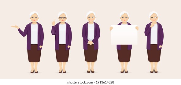 Mature senior woman in casual clothes set with different gestures vector illustration