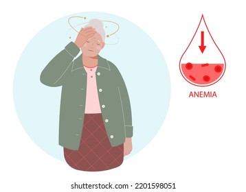 Mature Senior Woman Suffers From Anemia And Dizziness. Low Hemoglobin. Concept Of Health Protection.