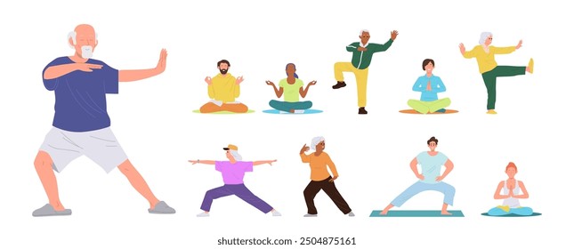 Reife ältere und junge Menschen Cartoon-Figuren üben Kampfkunst, Yoga und Meditation