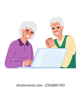 mature seniors using laptop vector. internet home, elderly business, old adult mature seniors using laptop character. people flat cartoon illustration