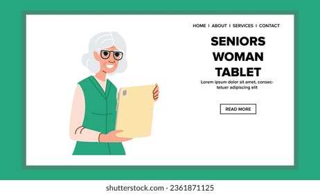 mature seniors woman tablet vector. female computer, business technology, lifestyle smiling mature seniors woman tablet web flat cartoon illustration