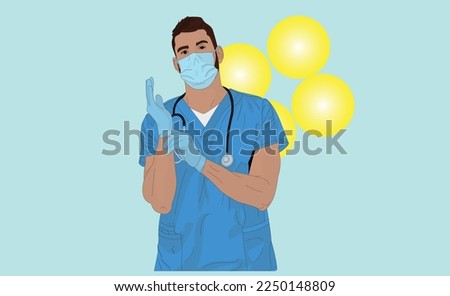 
Mature surgeon puts on gloves. Doctor in the operating room. Masked doctor.