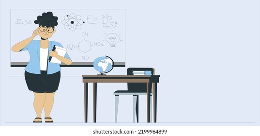 Mature teacher with clipboard near whiteboard in modern classroom. Pretty teacher smiling at camera of classroom at the elementary school. Space for text. vector illustration. education concept