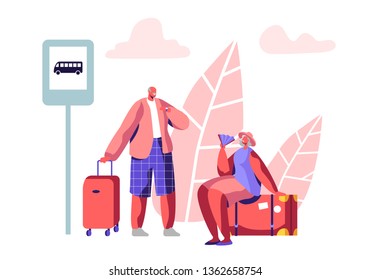 Mature Tourist Characters Stand on Bus Station Waiting Transport. Aged Man Hold Suitcase, Elderly Woman Sit on Luggage with Fan. Pensioners Traveling at Summer Time. Cartoon Flat Vector Illustration