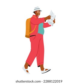Mature Tourist Woman Character Walking With Backpack And Map Isolated On White Background. Concept for Travel-related Promotion, Adventure Blogs Or Guidebooks. Cartoon People Vector Illustration