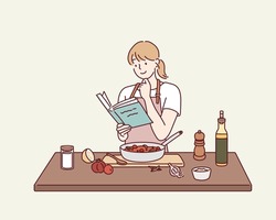 Mature Woman In Apron Is Reading A Book With Recipes While Cooking In Kitchen. Hand Drawn Style Vector Design Illustrations.