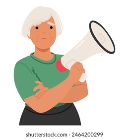 Mature Woman with Bullhorn. Old Character Confidently Holding A Megaphone. Cartoon Vector Illustration Portrays Leadership, Communication, Activism, And The Importance Of Voice In Societal Discussions