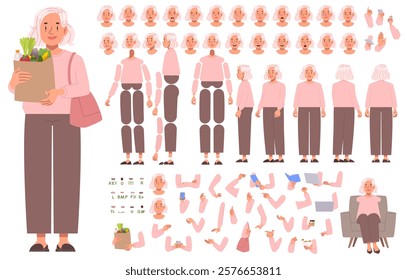 Mature woman character constructor. Cute elderly woman pensioner. Set of hands legs body and head positions for creating animation and your own illustrations. DIY kit. Vector illustration