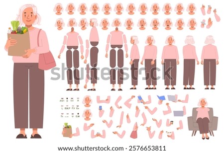 Mature woman character constructor. Cute elderly woman pensioner. Set of hands legs body and head positions for creating animation and your own illustrations. DIY kit. Vector illustration