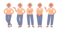 Mature Woman Character Set. Elderly Energetic Woman Posing And Pointing At Something. Vector Illustration In Cartoon Style