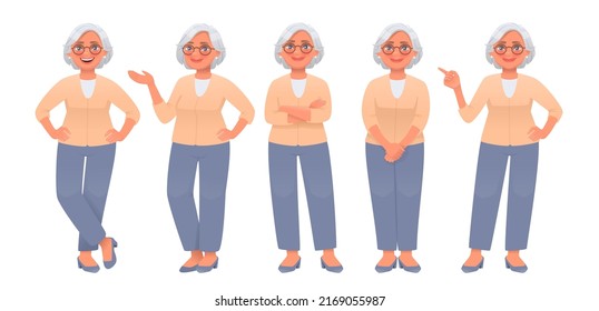 Mature woman character set. Elderly energetic woman posing and pointing at something. Vector illustration in cartoon style