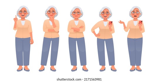 Mature woman character set. Elderly woman thinks, idea, tired. Pensioner with a gadget, uses a smartphone. Vector illustration in cartoon style