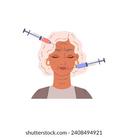 Mature woman doing beauty face injections for reducing wrinkles. Rejuvenation procedure and anti aging cosmetology treatment. Isolated flat vector illustration concept.