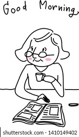 Mature woman drinking coffee. Senior woman enjoying coffee. Woman sitting at cafe, holding a cup of coffee. Woman smiling, holding a coffee cup and looking away from book. Outline drawing vector.