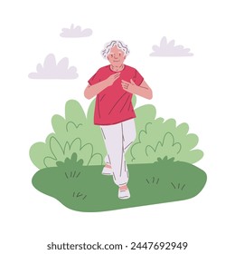 Mature woman enjoying Tai Chi for health in a serene park. This vector illustration showcases the simplicity and vitality of senior fitness.