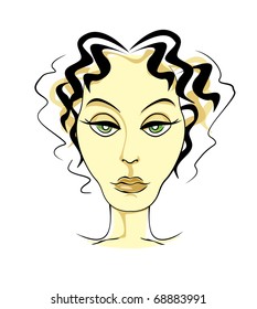 Mature woman face front ink illustration