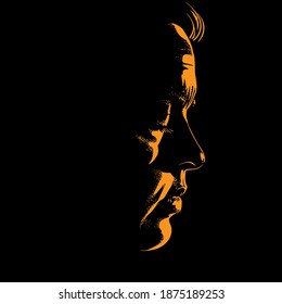 Mature Woman Face silhouette in contrast backlight. Vector. Illustration.