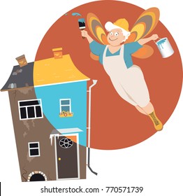 Mature woman with fairy wings, dressed in work clothes and hard hat, flying over a house with a can of paint, remodeling, EPS 8 vector illustration